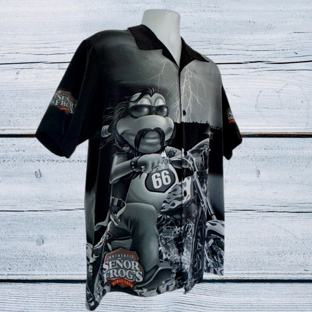 Señor Frog’s Route 66 Motorcycle Shirt-L | Lightning Graphic Novelty Button-Up